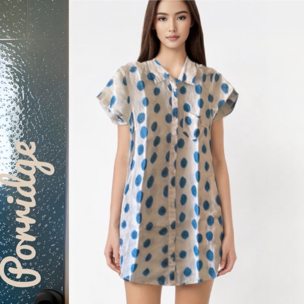 Anthropology Linen Blend Porridge Coin Dot Pattern Shirt Dress Size Small